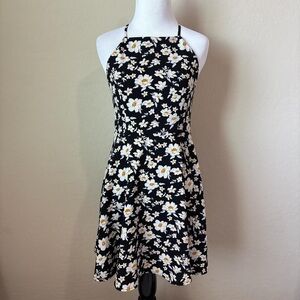 Floral Halter Neck Dress - Black and White